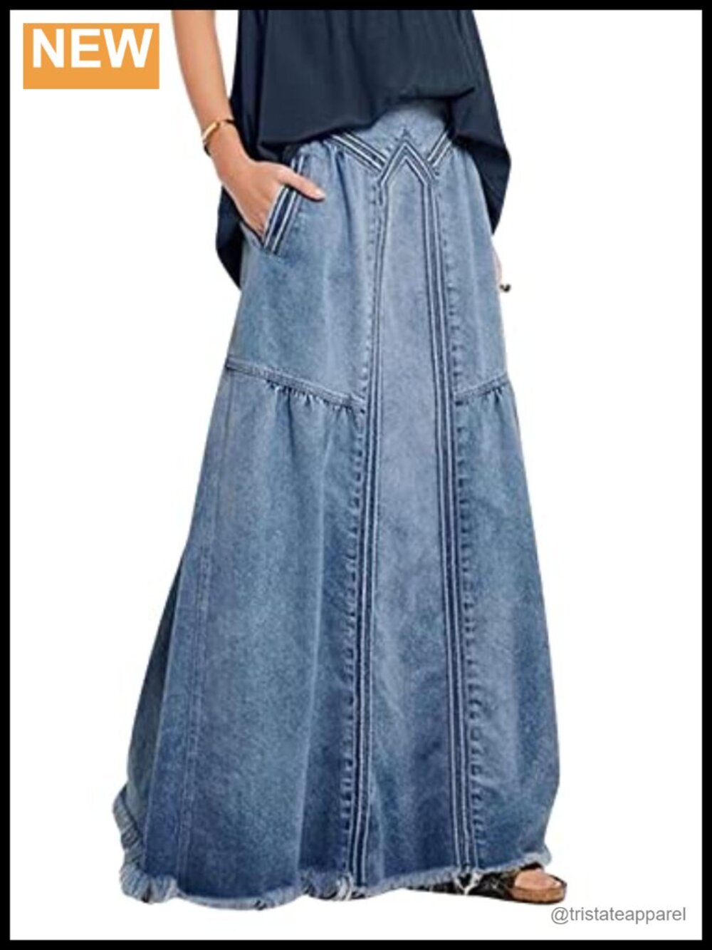 Retro Elastic High Waist Frayed A-Line Maxi Denim Skirt with Pockets - Picture 1 of 5